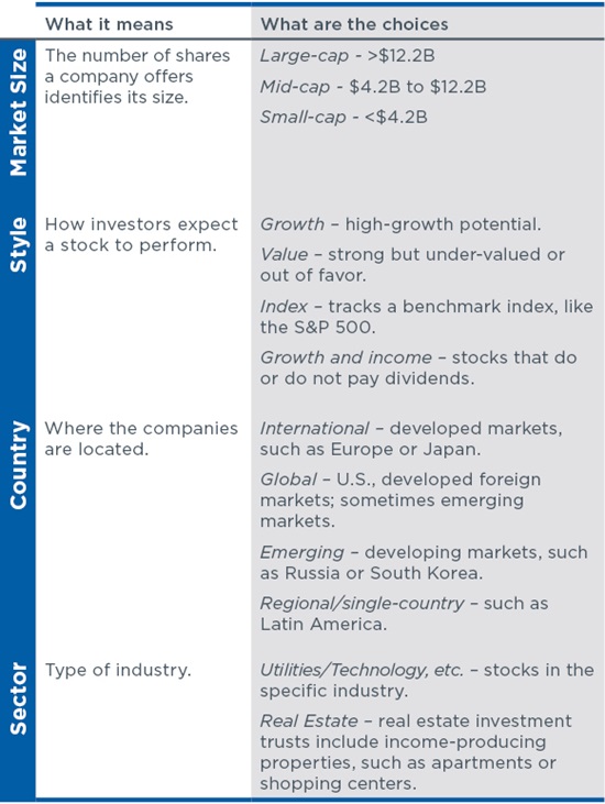 Table showing examples of stock funds and what they mean.