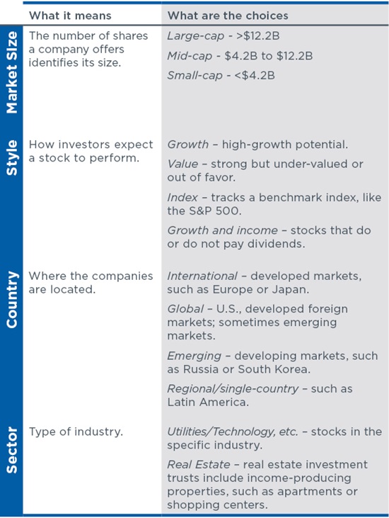 Table showing examples of stock funds and what they mean. 