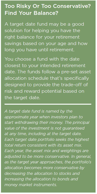 Too Risky Or Too Conservative?
Find Your Balance?
A target date fund may be a good solution for helping you have the right balance for your retirement savings based on your age and how long you have until retirement.
You choose a fund with the date closest to your intended retirement date. The funds follow a pre-set asset allocation schedule that’s specifically designed to provide the trade-off of risk and reward potential based on the target date.